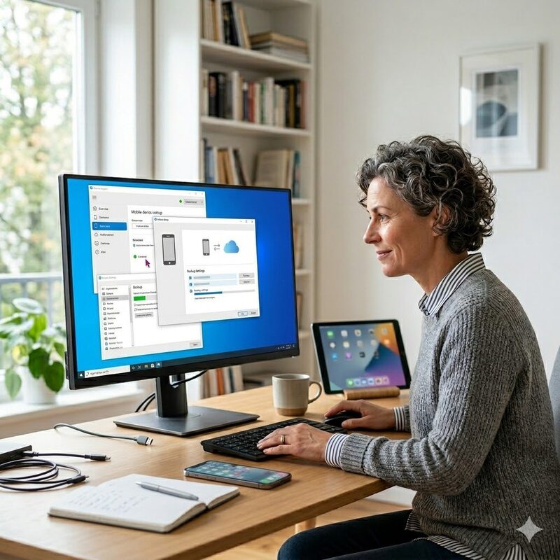 Smartphone und Tablet Hilfe – Frau synchronisiert Geräte