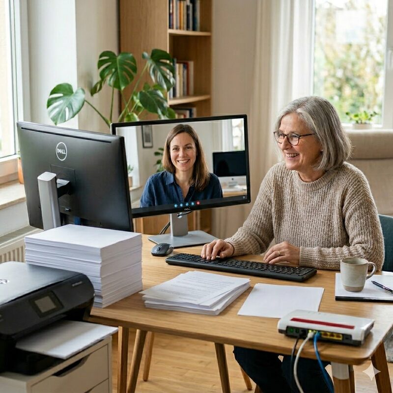 Videokonferenz-Hilfe – Frau bei Videocall am PC