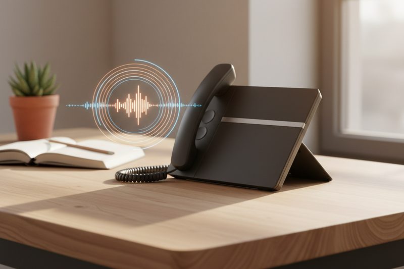 KI-Telefonassistent am Schreibtisch mit Soundwave-Visualisierung