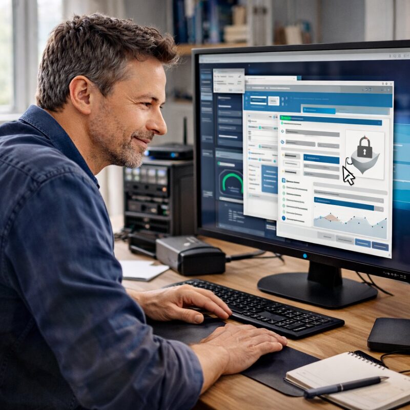 Webseite und Server Hilfe – Mann am Monitor mit Server-Dashboard