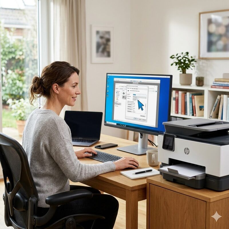 Windows-Probleme lösen – Frau am PC mit Druckereinstellungen