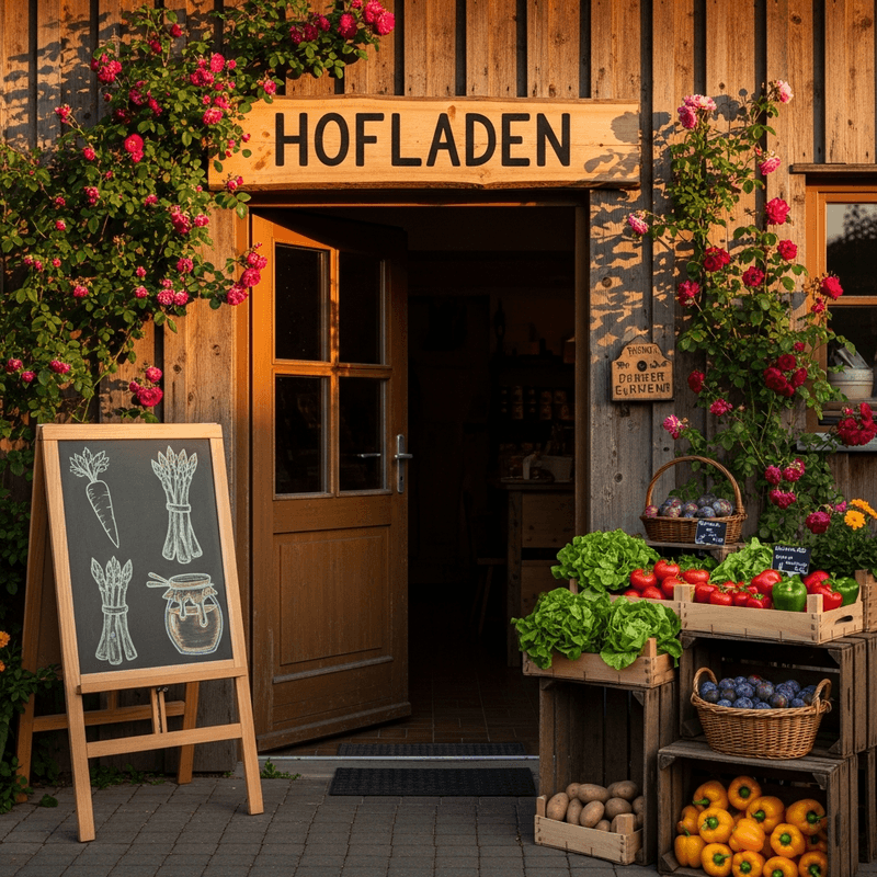 Hofladen-Eingang mit Holzfassade, Schild HOFLADEN, Tafel mit Kreidezeichnungen, Auslage mit frischem Gemüse