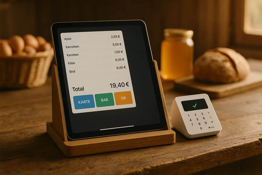 Hofladen-Tablet-Kasse zeigt Warenkorb mit Apfel, Karotten, Käse, Brot und Total 19,40 Euro
