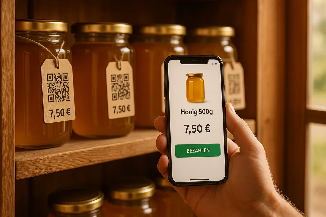 Hand mit Smartphone scannt QR-Code an Hofladen-Regal mit Honig-Gläsern, Display zeigt Bezahlen-Button