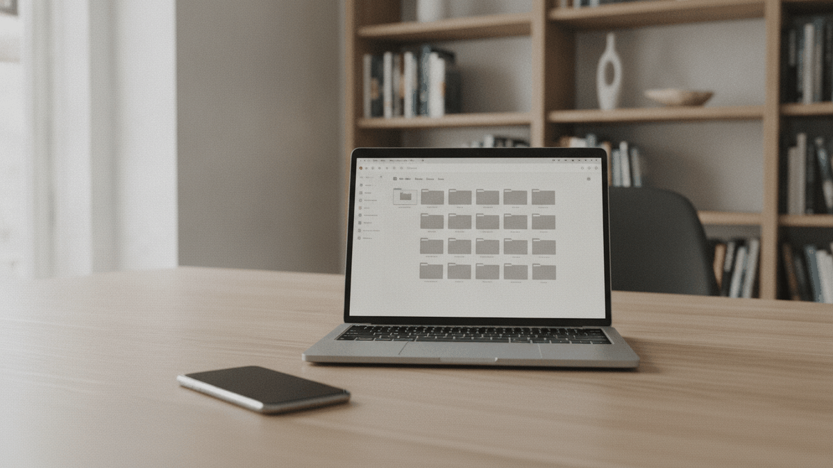 Ein Laptop mit geöffnetem Dateimanager und ein Smartphone auf einem Holzschreibtisch, im Hintergrund ein Bücherregal