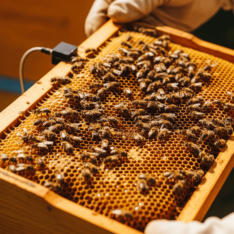 Imker-Hand mit Wabe voller Bienen, elektronischer Sensor am Bienenstock