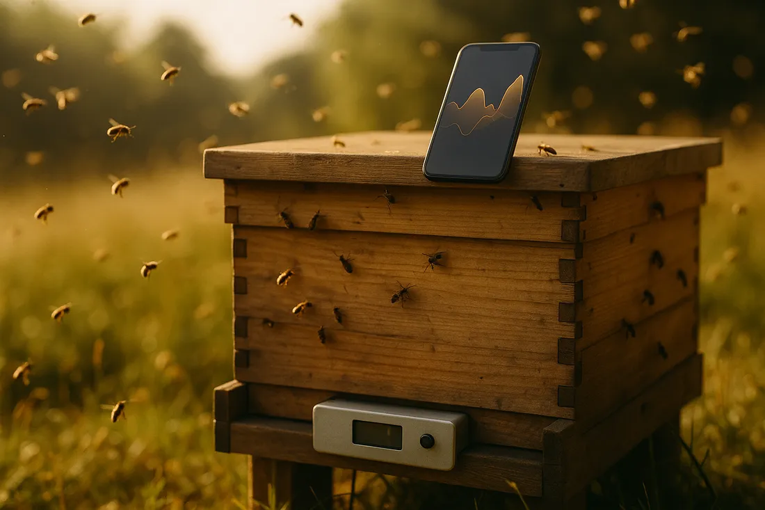 Bienenstock im Sonnenlicht mit Stockwaagen-Sensor und Smartphone
