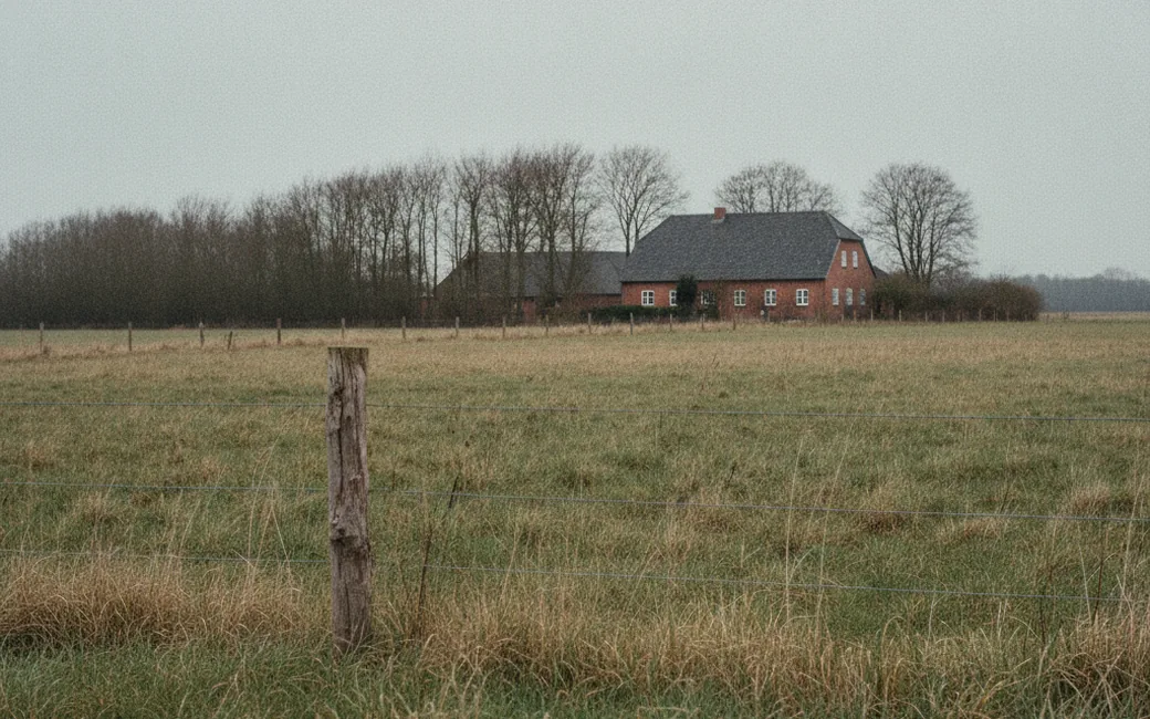 Freies Wiesengrundstück mit Grenzpfahl und Zaun, dahinter ein Backsteinhof am Horizont