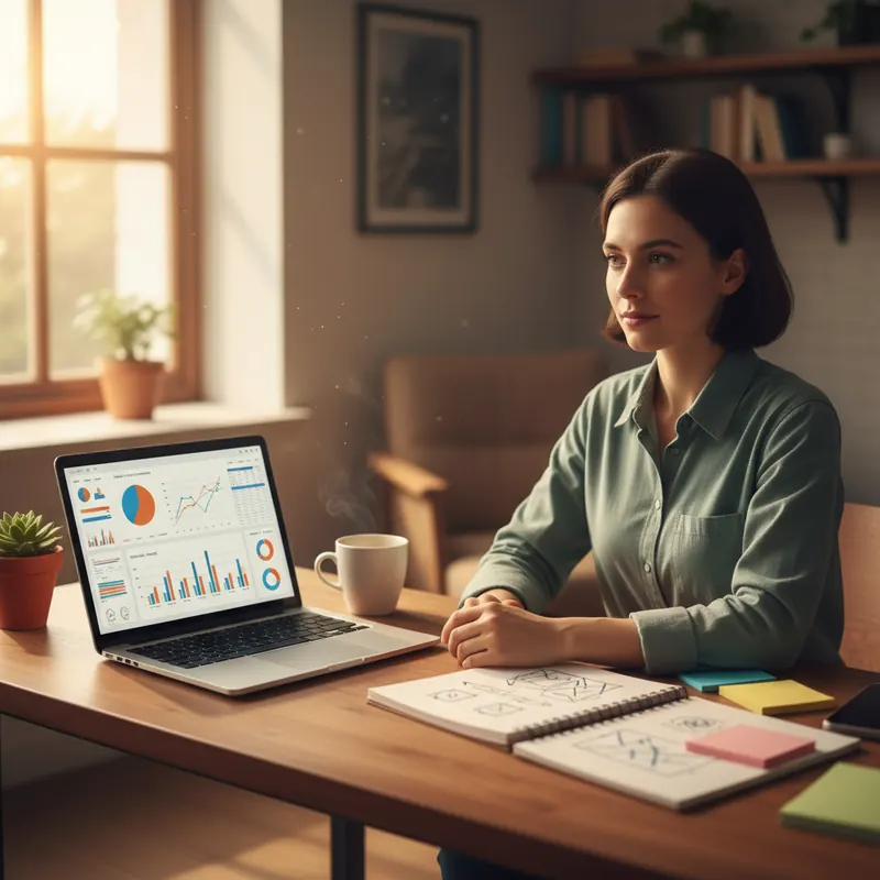 Unternehmerin arbeitet mit individuell entwickeltem Dashboard am Laptop