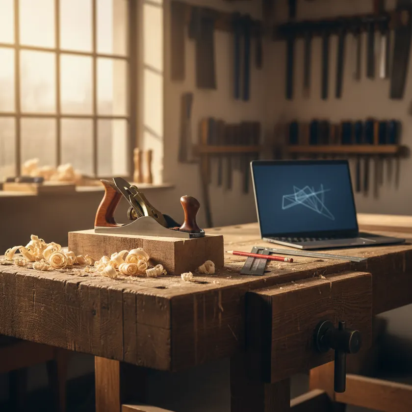 Schreinerei-Werkbank mit Handhobel, Holzsp&auml;nen und einem Laptop, auf dem eine technische Zeichnung zu sehen ist &ndash; Handwerk trifft Software