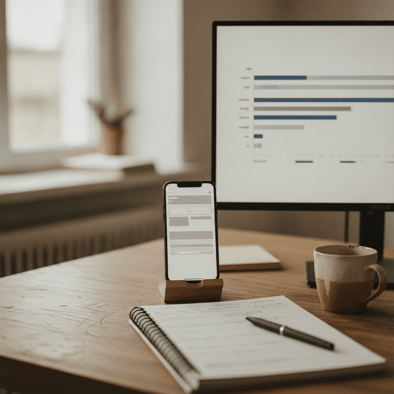 Smartphone auf einem Schreibtisch mit geöffneter Website, daneben ein Monitor mit Messwerten zur Ladezeit und Reaktionszeit