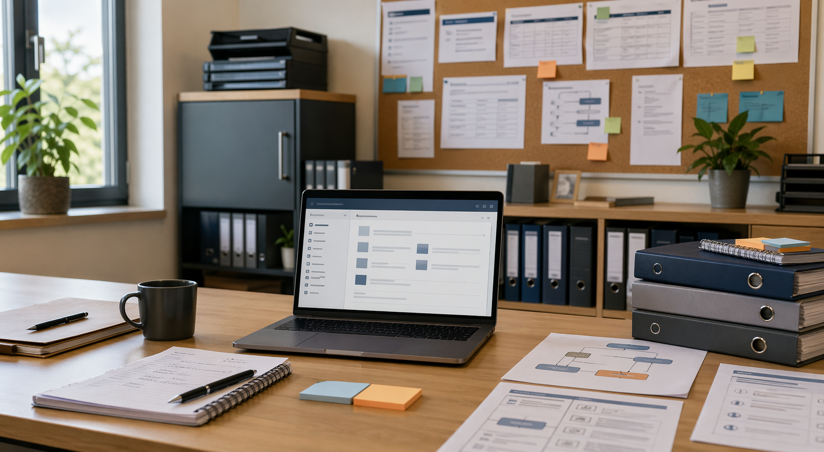 Dokumentarische Büroaufnahme mit Prozessboard, Intranet-Arbeitsplatz und geordneter interner Wissensstruktur