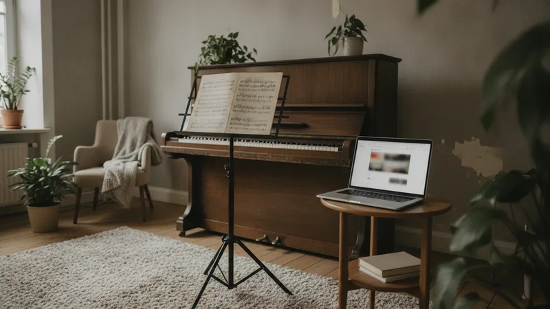 Musikzimmer mit Klavier, Notenständer und einem Laptop auf einem Beistelltisch, der eine schlichte Website zeigt