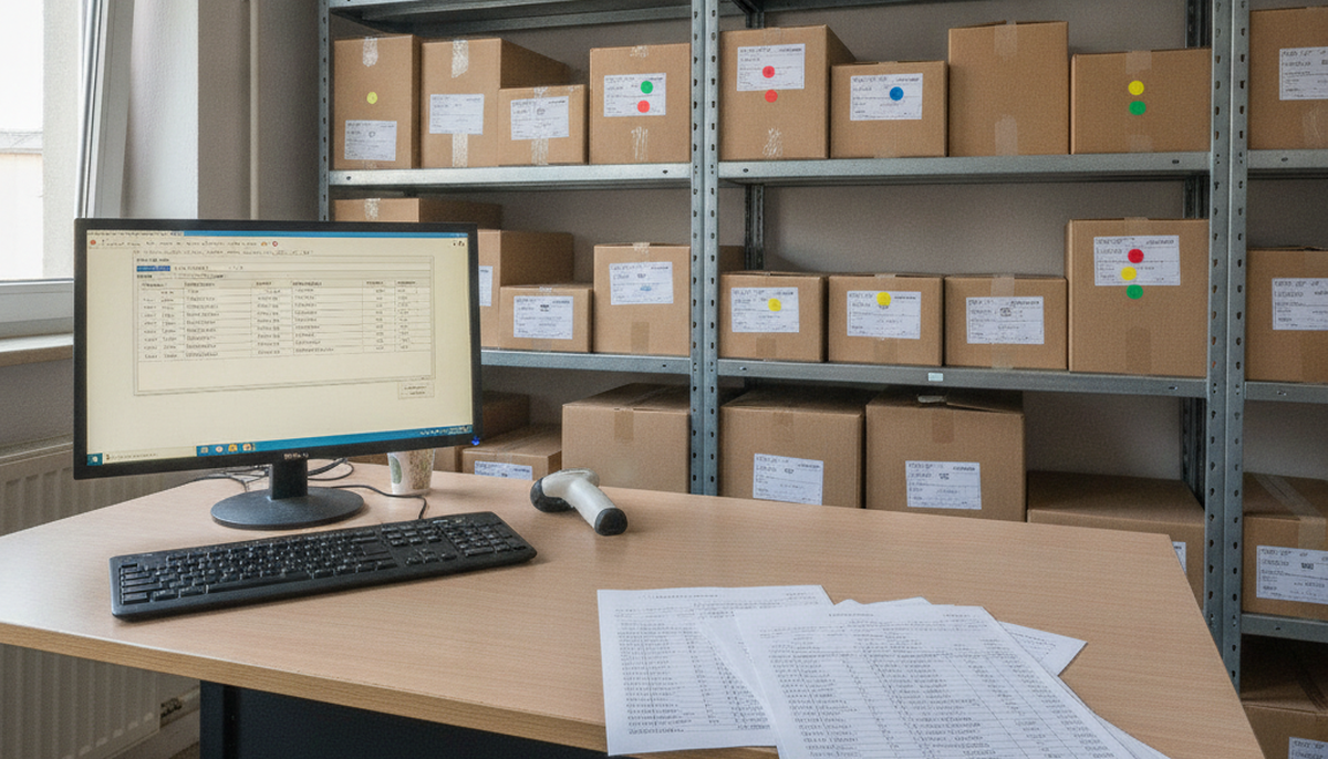 Lagerbüro eines Händlers mit Bildschirm voller Bestandslisten, Handscanner und Regalen mit beschrifteten Versandkartons
