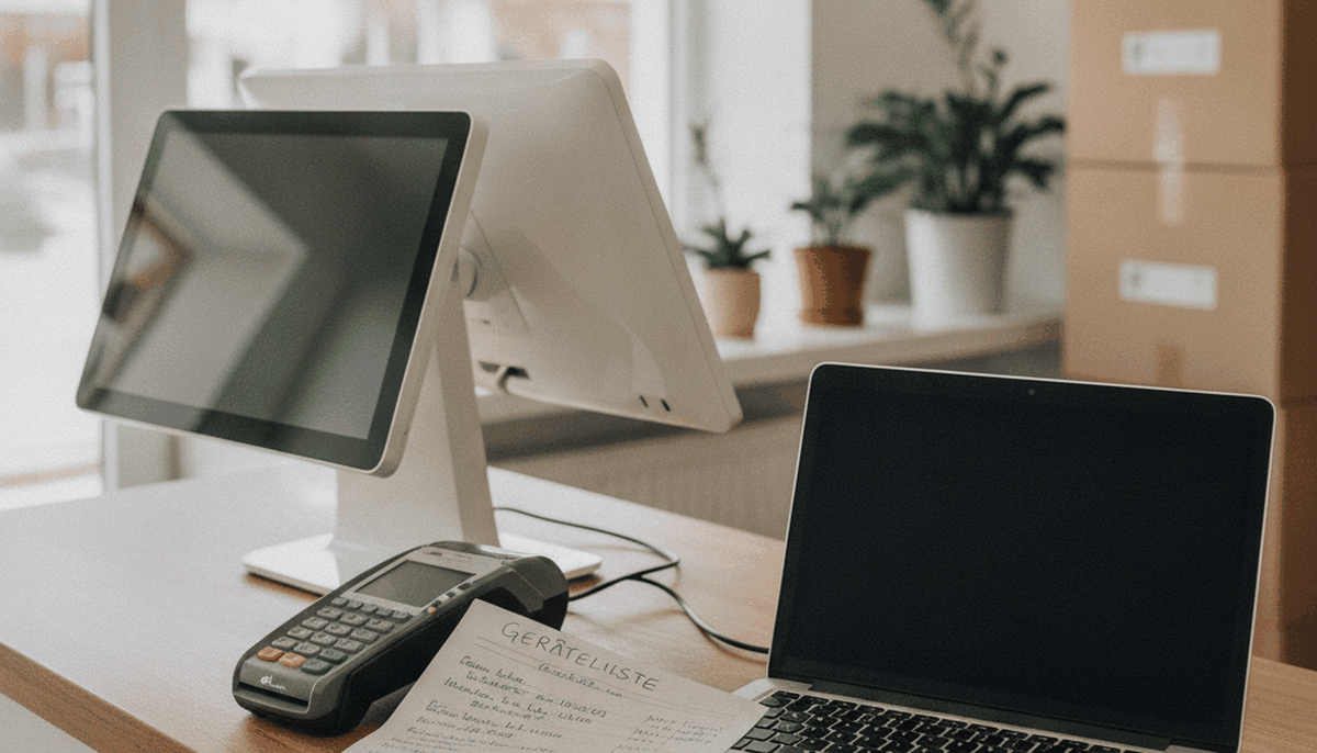 Ladentheke mit Kassensystem und Kartenterminal, daneben ein Notebook mit Formular
