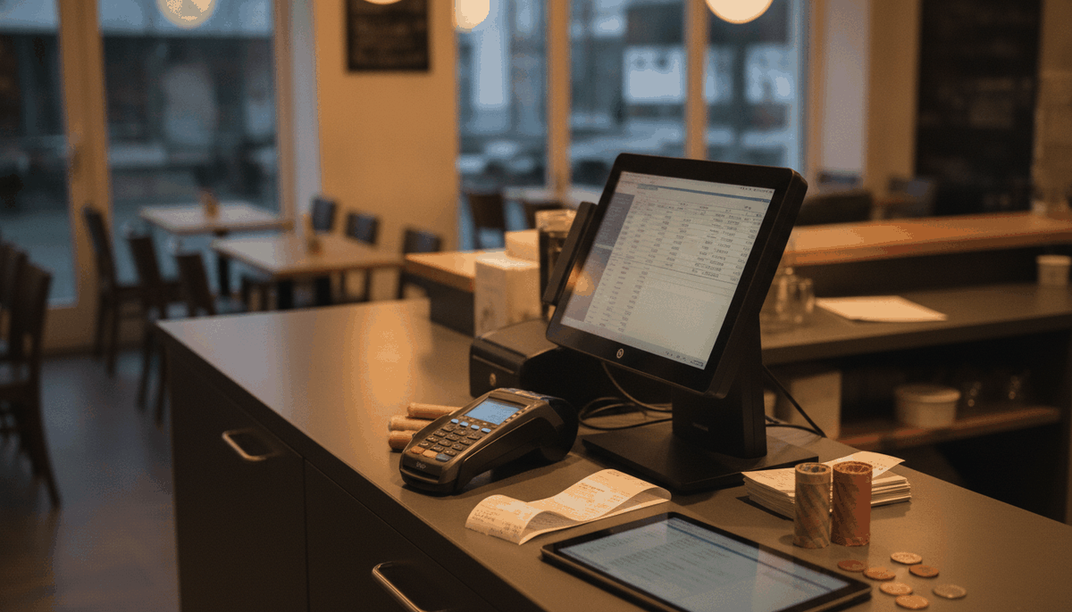 Kassenabschluss am Abend in einem Café mit Kassensystem, Kartenterminal und Bons auf dem Tresen