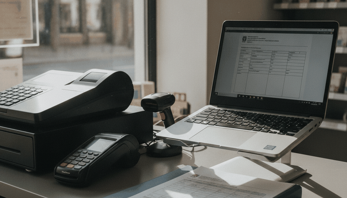 Ladentheke mit Kassensystem und Kartenterminal, daneben Notebook mit Formular und eine Geräteliste