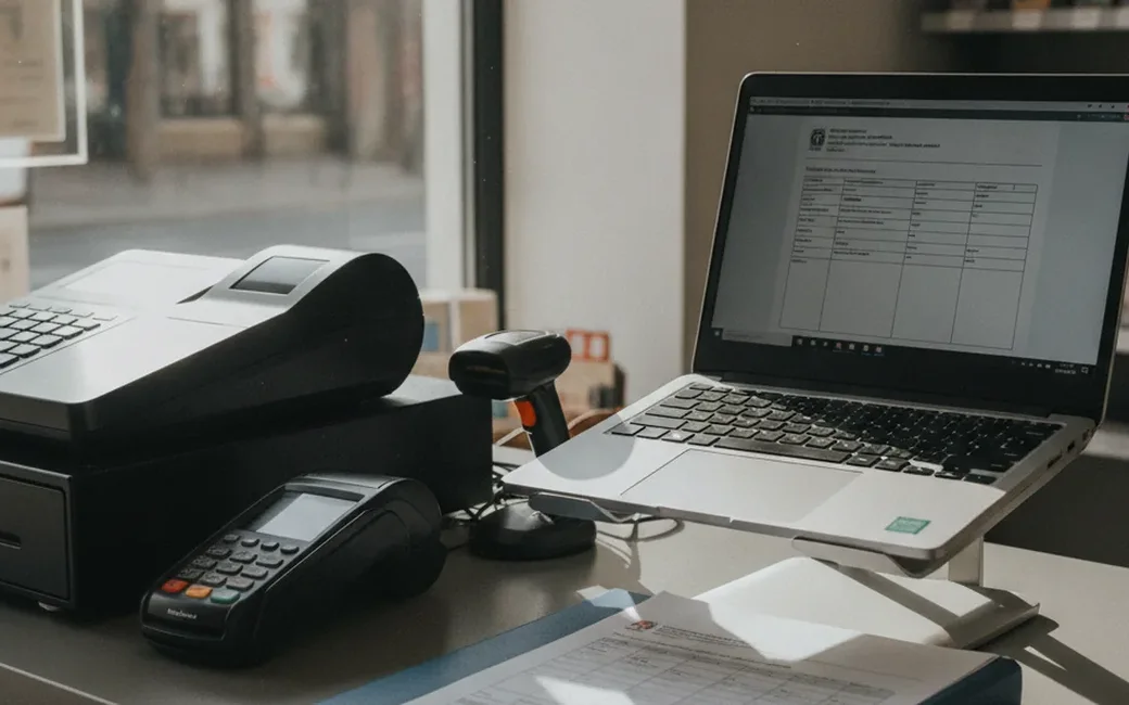 Kassensystem mit Kartenterminal und Laptop auf einem Ladentresen