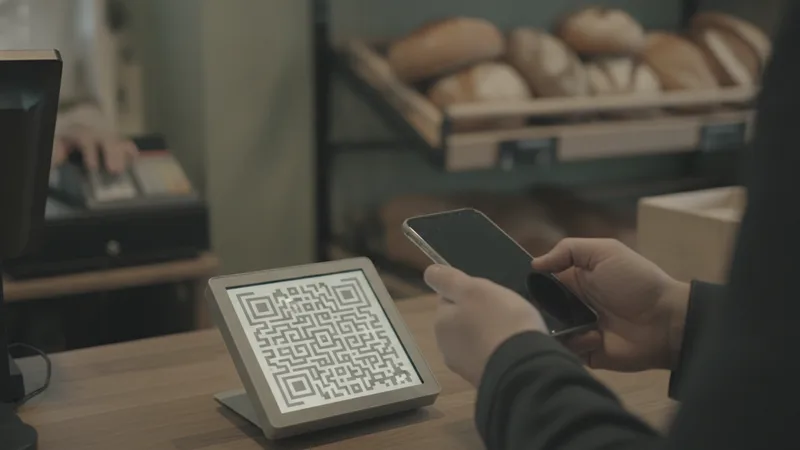 Hand mit Smartphone vor einer kleinen Kundenanzeige an der Kasse, die ein quadratisches Codemuster zeigt