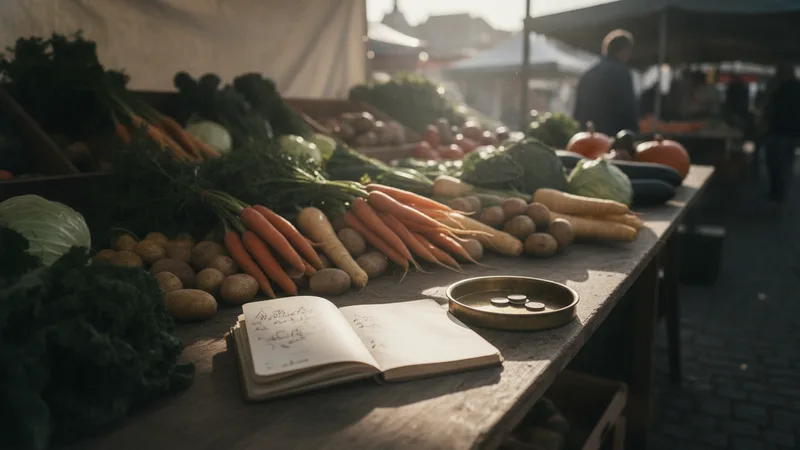 Marktstand mit Gemüse, einem handgeschriebenen Kassenbuch und einer Schale mit Münzen
