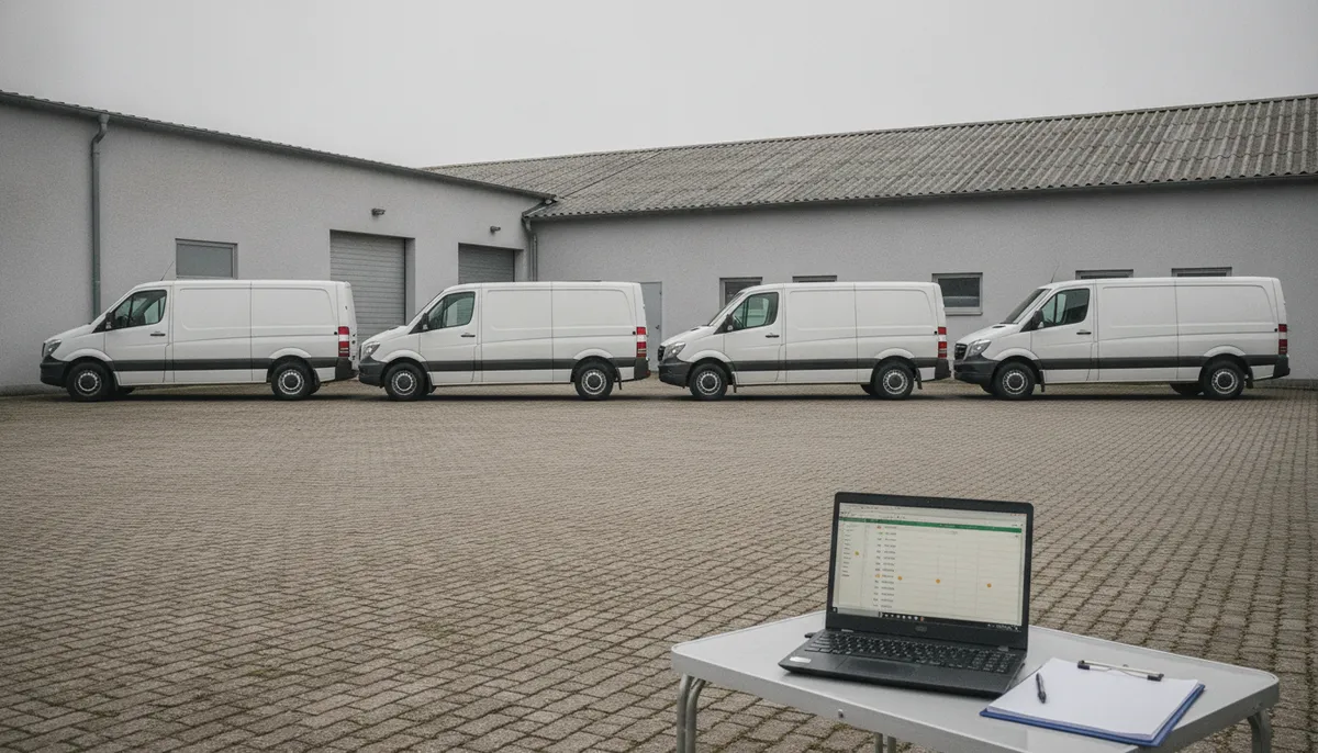 Betriebshof an einem grauen Morgen: vier weiße Transporter in einer Reihe, im Vordergrund ein Laptop mit Fahrzeugliste auf einem Klapptisch