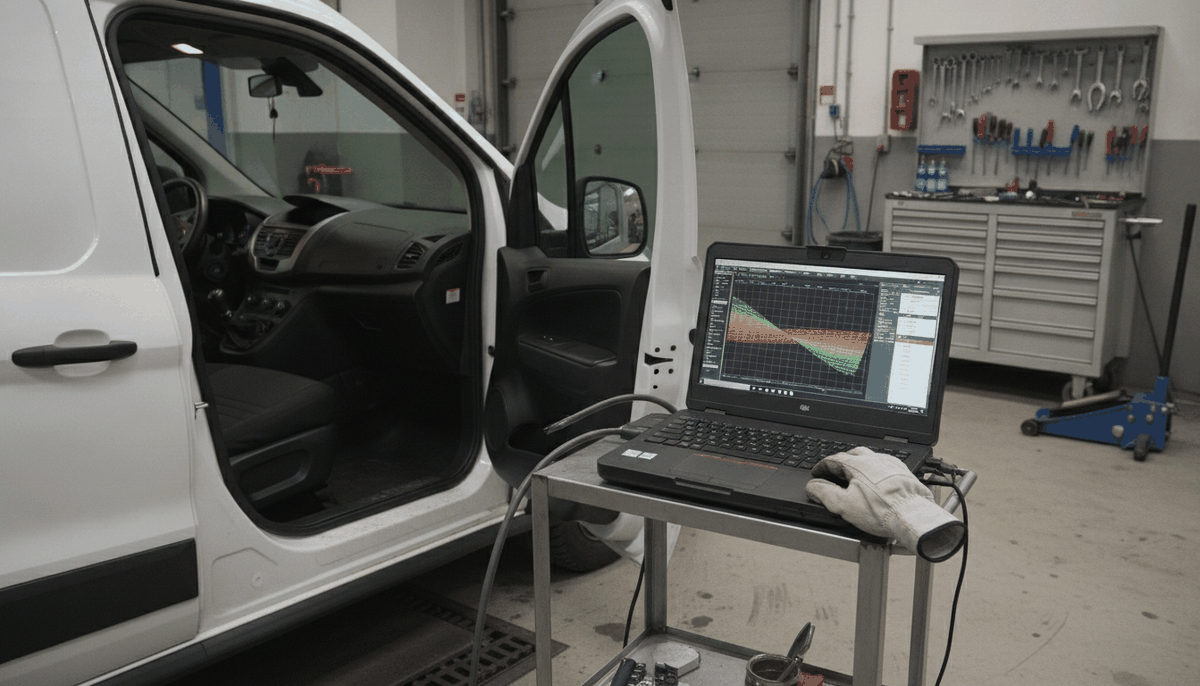 Halle eines Kfz-Betriebs: weißer Transporter mit offener Fahrertür, daneben ein Laptop auf einem Rollwagen mit farbigem Kennfeld, Diagnosekabel zur Fahrzeugbuchse