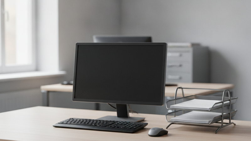 Arbeitsplatz mit Monitor und Tastatur in einem kleinen Büro, daneben ein Ablagekorb mit Papieren im Tageslicht