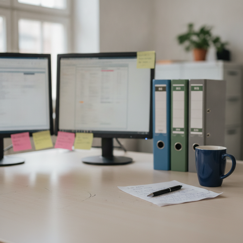 Arbeitsplatz in einem deutschen Betrieb: zwei Bildschirme mit offenen Listen, Haftnotizen am Monitorrand, Ordner, Kaffeebecher und eine handschriftliche Notiz im Tageslicht