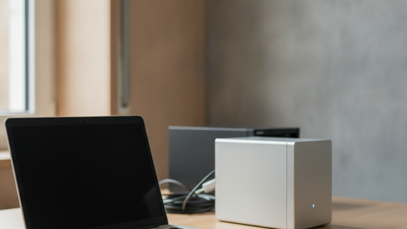 Notebook und kleiner Mini-PC nebeneinander auf einem Schreibtisch im Tageslicht, daneben eine externe Festplatte