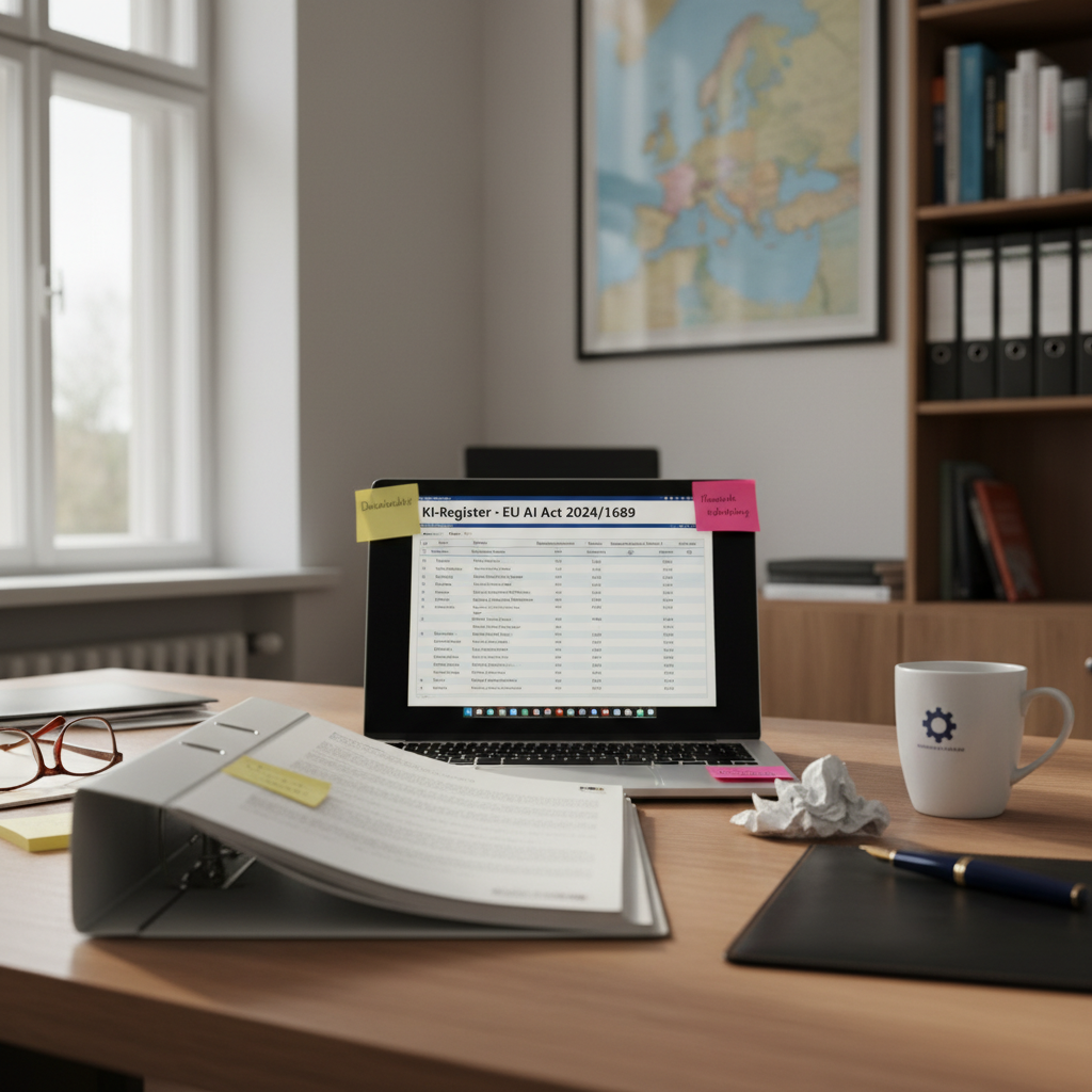 Schreibtisch eines KI-Beauftragten mit Aktenordner KI-Register EU AI Act 2024/1689, Klebezetteln und einem Laptop mit Tabelle der eingesetzten KI-Systeme