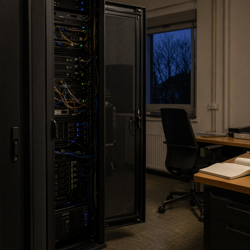 Halbdunkler Technikraum mit geöffnetem Serverschrank, blinkenden Status-LEDs, leerem Stuhl und offenem Notizbuch – reales Symbol für Kontrollverlust über digitale Systeme
