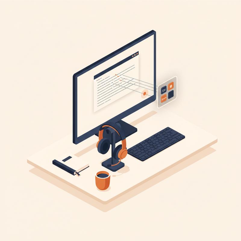 Isometrische Illustration eines Windows-Arbeitsplatzes mit Mikrofon, Hotkey-Indikator und Text-Strom in ein E-Mail-Fenster