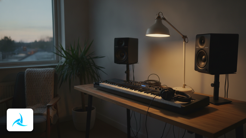 Kleines Musikstudio mit Keyboard, Lautsprechern und Kopfhörern auf einem Holztisch im Abendlicht