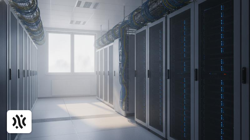 Ruhiger Serverraum mit Reihen von Server-Racks, blauen Statuslichtern und geordneten Kabeln
