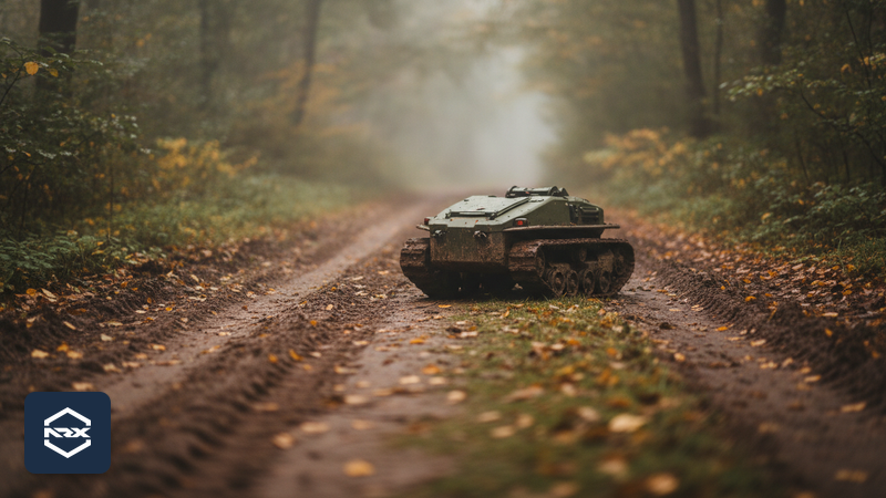 Kleiner unbemannter Kettenroboter auf einem schlammigen Waldweg im Morgennebel