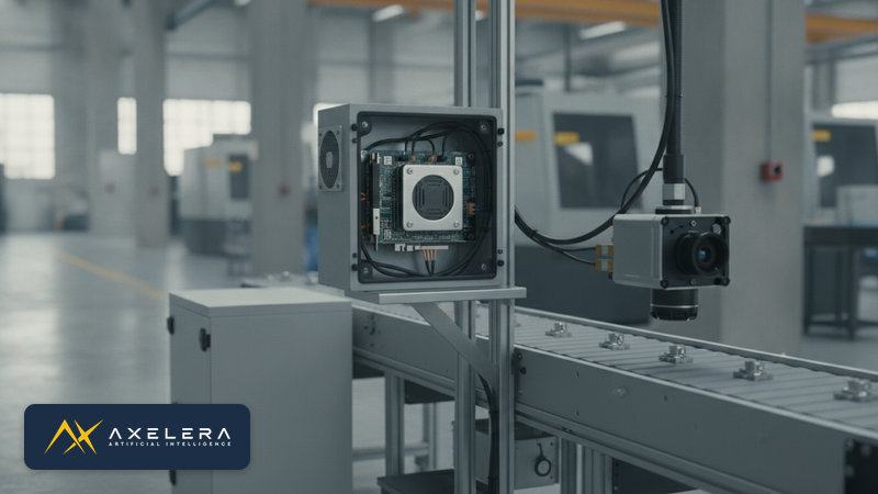 Industrie-PC mit KI-Steckkarte neben einem Förderband mit Industriekamera in einer Fabrikhalle