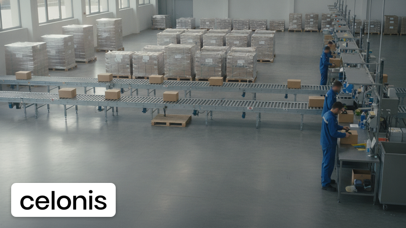 Logistikhalle mit Förderbändern, Paletten und Packstation von einer Galerie aus gesehen