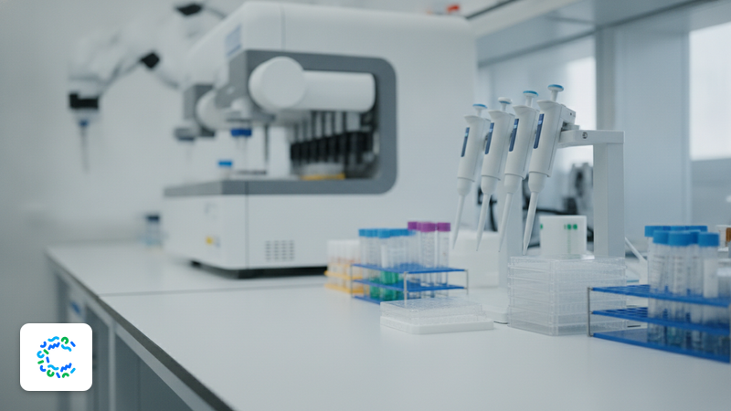 Laborbank mit Pipetten, Mikrotiterplatten und Probenröhrchen vor einem Pipettierroboter