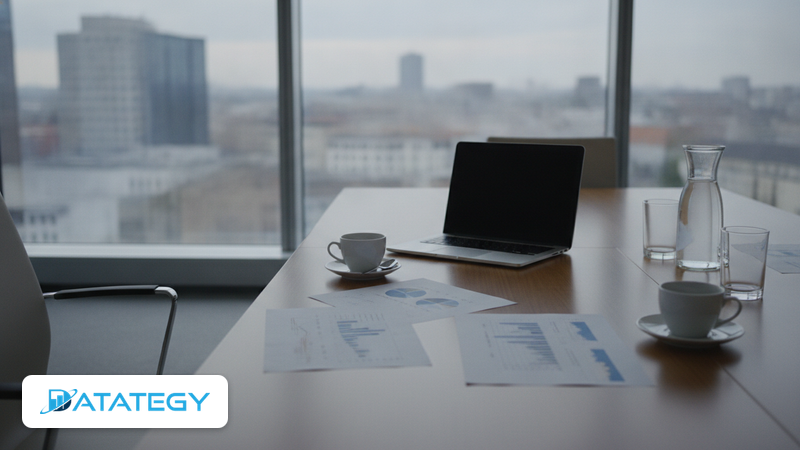Besprechungstisch in einem hellen Büro mit ausgedruckten Diagrammen und Laptop vor großen Fenstern