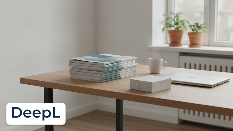 Bürotisch mit gedruckten Handbüchern, Versandetiketten und Laptop im Tageslicht