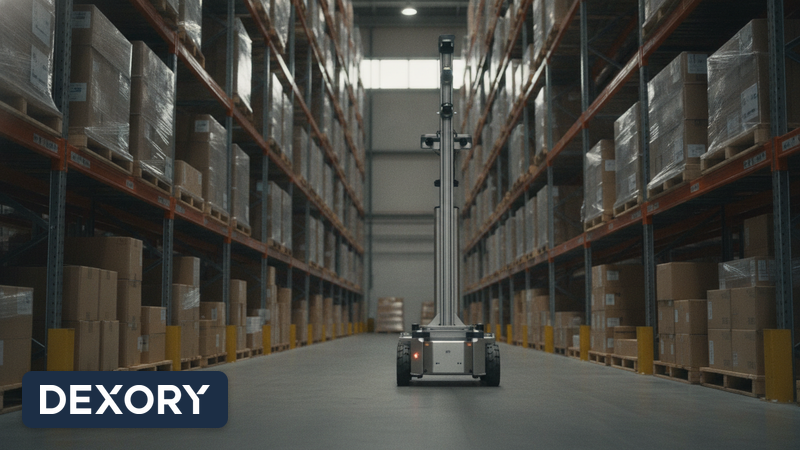 Autonomer Scan-Roboter mit hohem Sensormast fährt durch einen Gang zwischen Hochregalen in einem Logistiklager