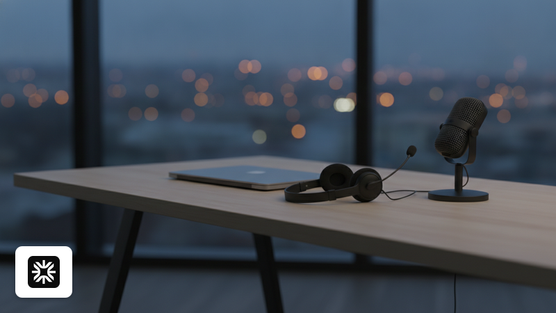 Arbeitsplatz in einem Callcenter mit abgelegtem Headset, Laptop und Tischmikrofon in der Abenddämmerung