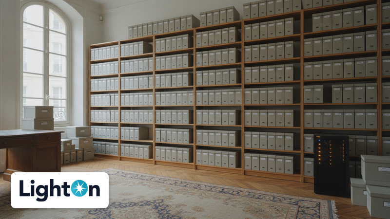 Aktenarchiv mit hohen Regalen voller Dokumentenkartons und einem kleinen Serverschrank in der Ecke