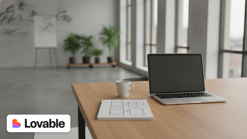 Heller Büroraum mit Laptop auf Holztisch, skizzierten App-Entwürfen auf Papier und einer Kaffeetasse