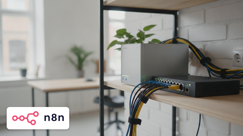 Kleiner Server neben einem Netzwerk-Switch mit sauber gebündelten Kabeln in einem hellen Büro
