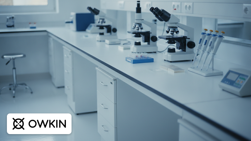 Sauberes biomedizinisches Labor mit Mikroskopen, Gewebeproben auf Objektträgern und Pipetten auf einer weißen Arbeitsfläche