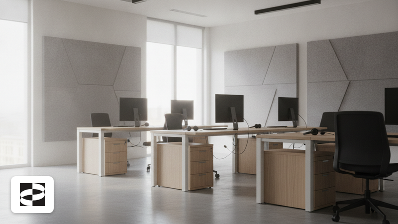 Modernes Kundenservice-Büro mit leeren Schreibtischen, Headsets auf Tastaturen und Akustikpaneelen im Morgenlicht
