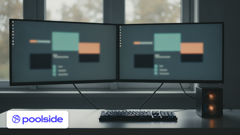 Ruhiger Entwicklerarbeitsplatz am Abend mit zwei Monitoren, mechanischer Tastatur und leise leuchtendem Server daneben