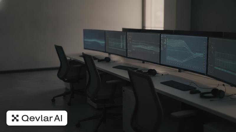 Leerer Arbeitsplatz in einem Security Operations Center mit mehreren Monitoren und Headsets