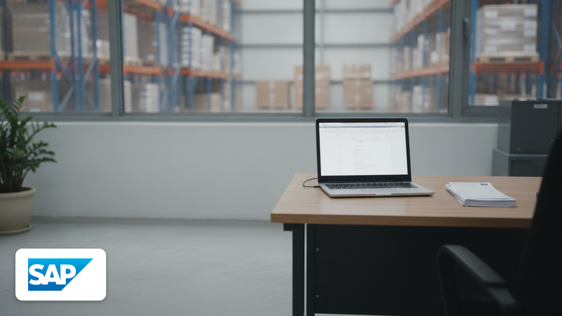 Lagerbüro mit Blick auf Hochregale, Laptop und Lieferscheinen auf dem Schreibtisch